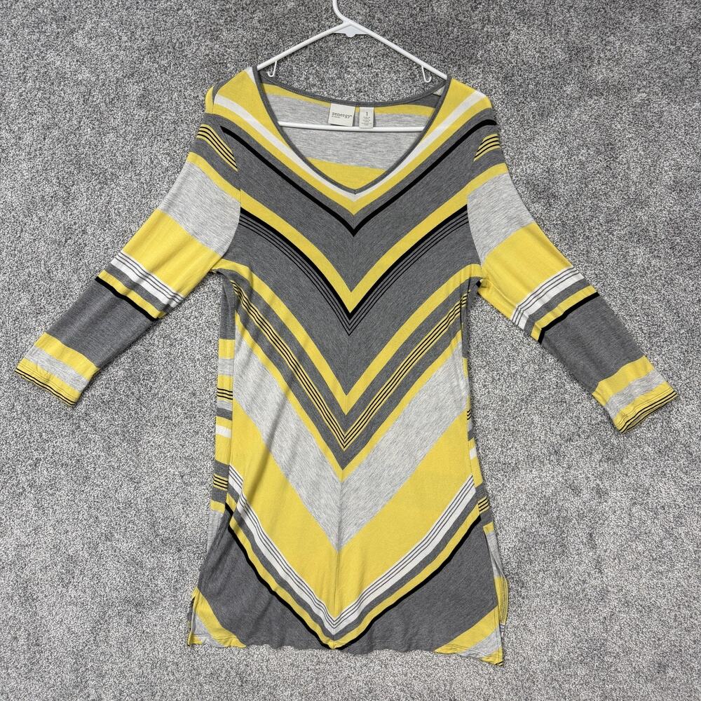 Chicos Zenergy Dress 1 US 8 Gray Yellow Chevron Stripe V-Neck Boho Sporty Casual